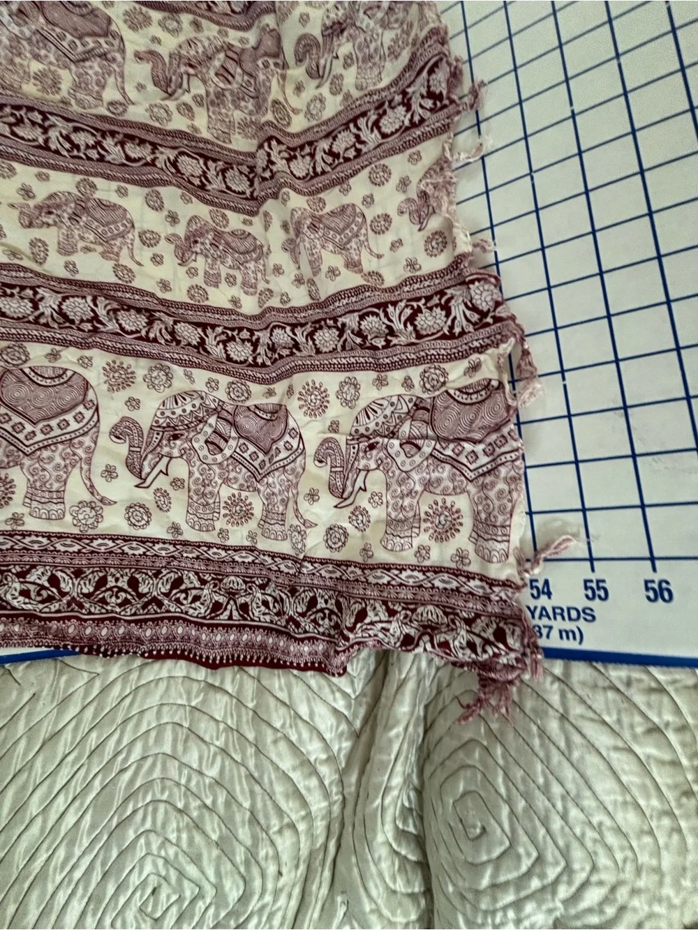 Elephant Print Anthropologie Fringed Wrap Scarf in Cream and Burgundy